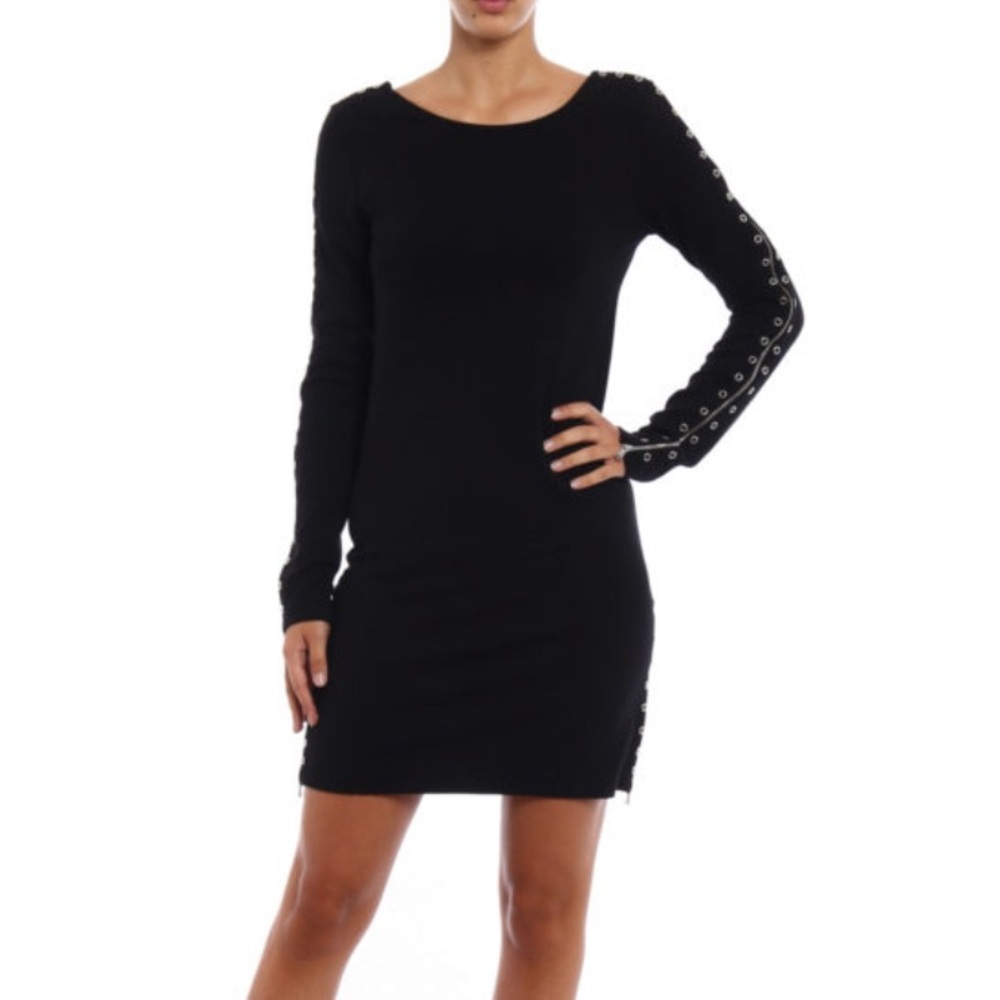 NWT McQ by Alexander McQueen Bodycon Grommet Zipper Black Dress Size XS